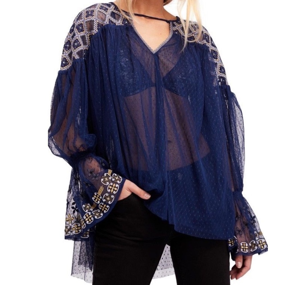 NWT Free People Joyride Sheer Embroidered Top Navy Mesh Boho Peasant Size Medium